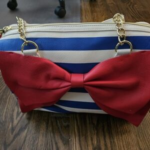 Betsey Johnson Blue and White Striped Satchel with Red Bow